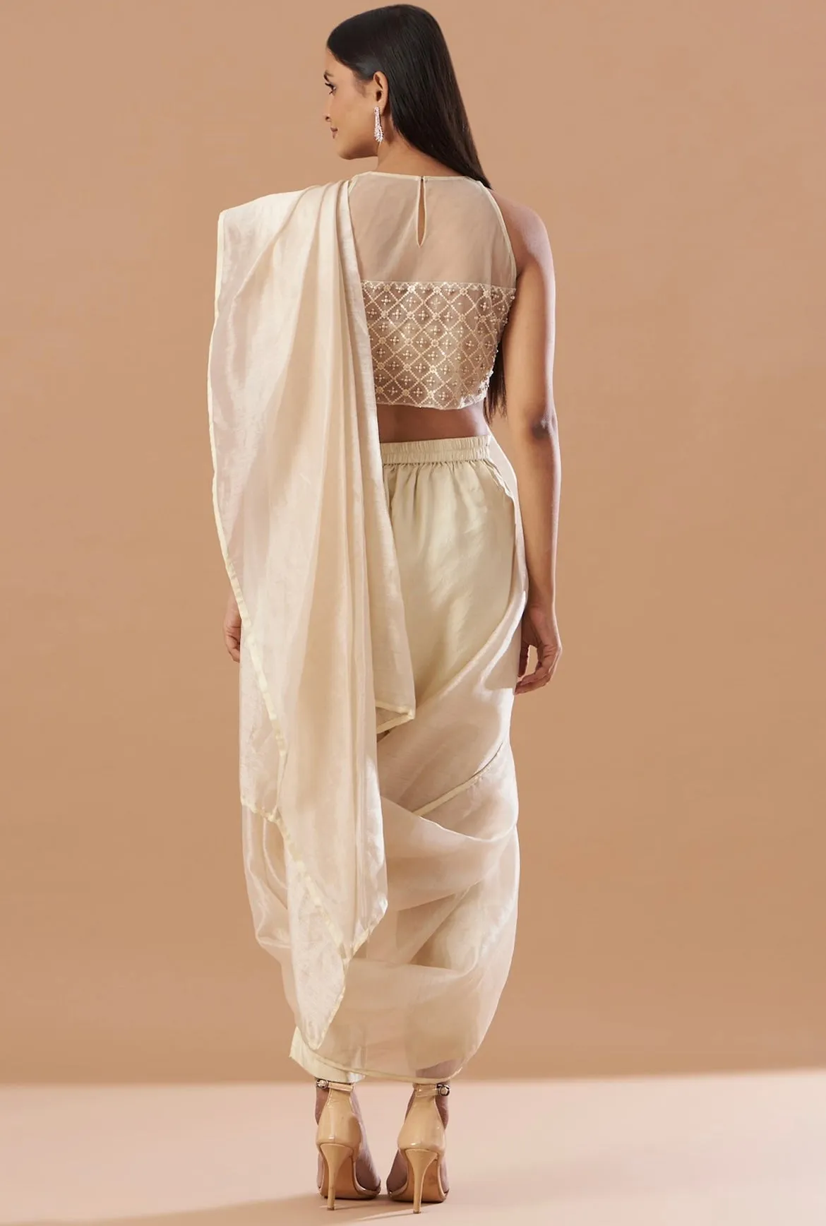 Champagne pre-Draped saree set with belt