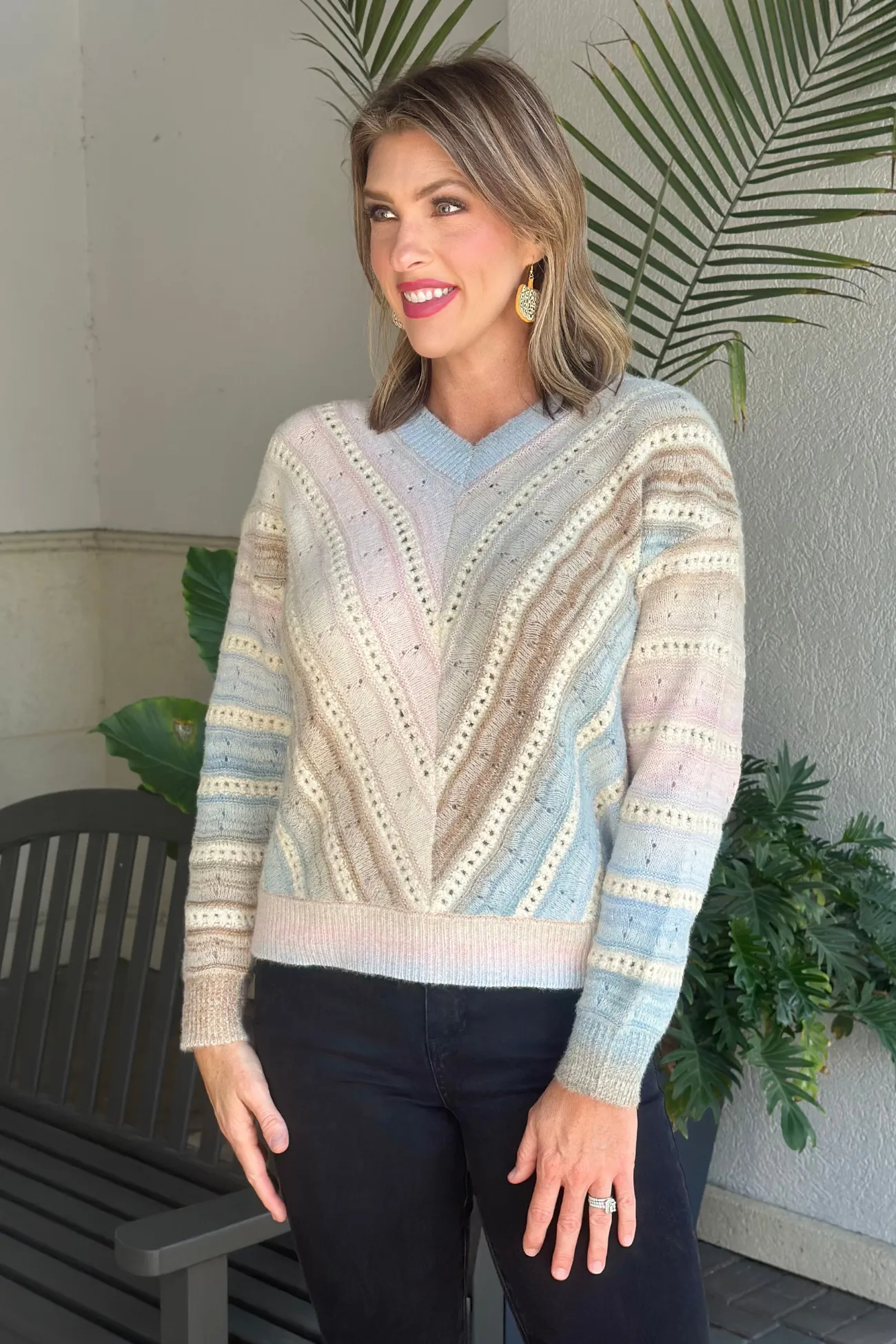 Charlie B Ombre Chevron Knit V Neck Sweater