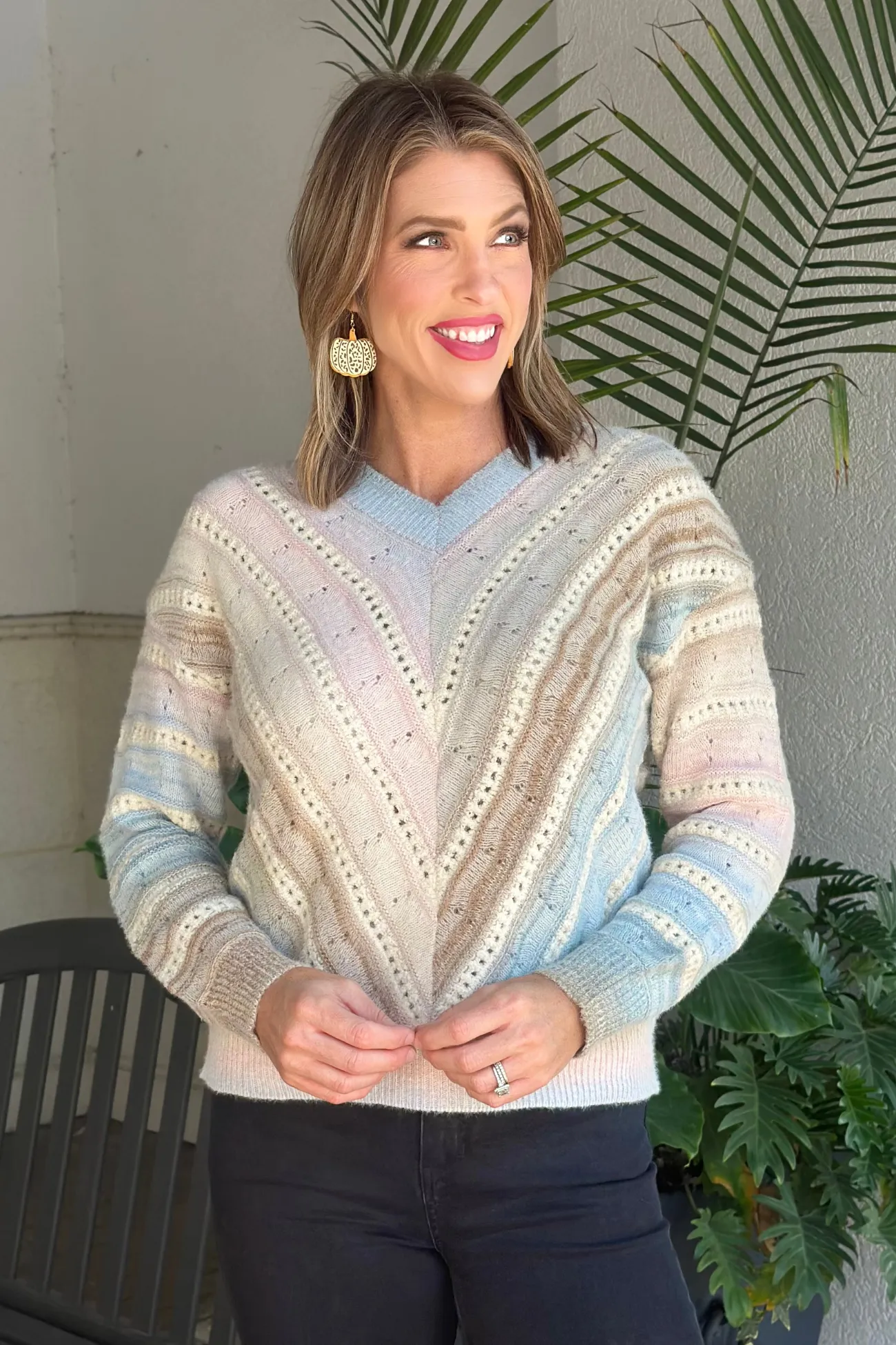 Charlie B Ombre Chevron Knit V Neck Sweater