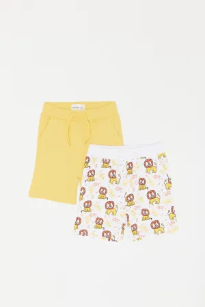 Infant Boys Yellow Plain And White Printed Active Shorts Set (2 Piece)
