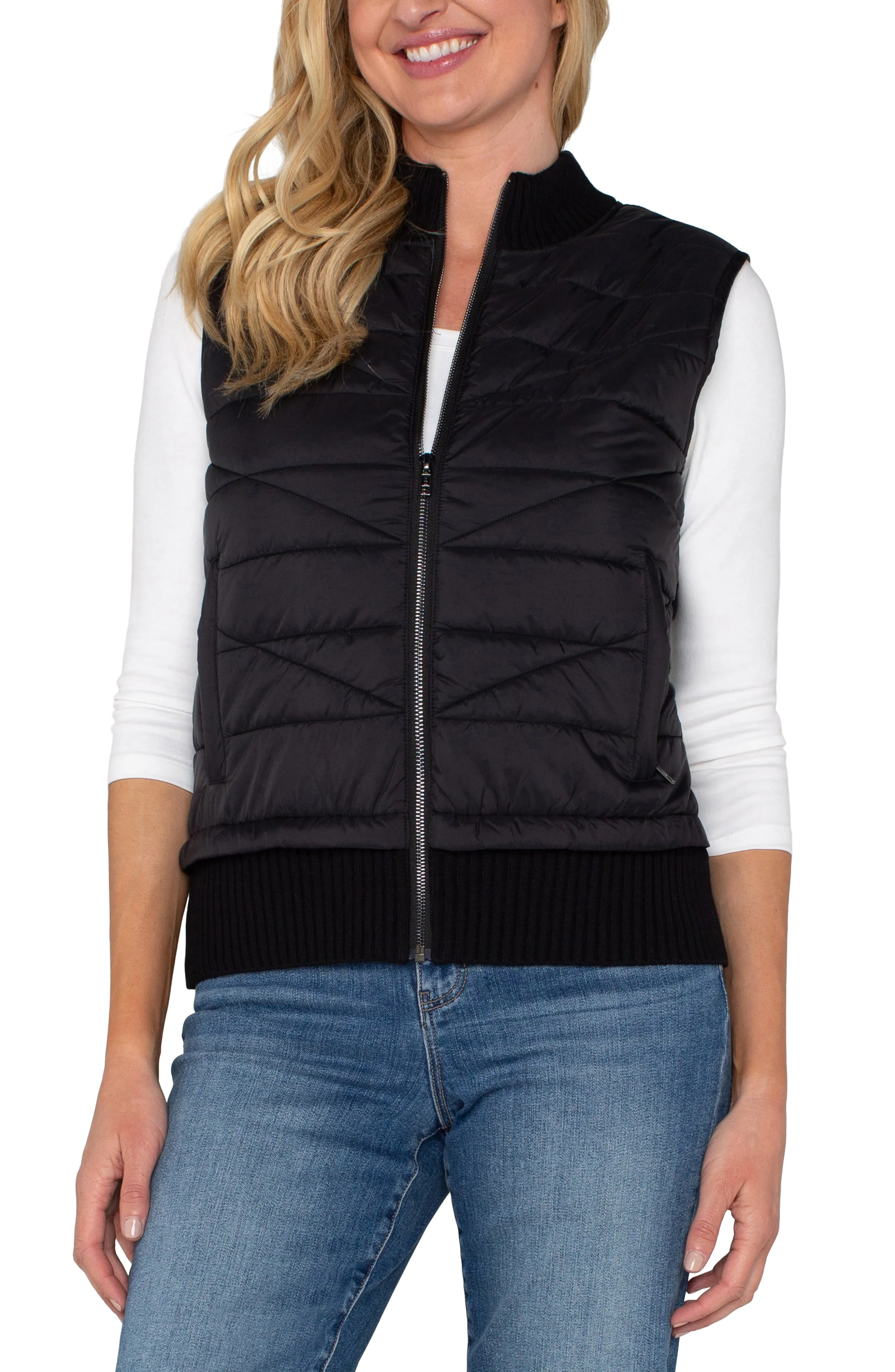 Liverpool Sleeveless Quilted Front Full Zip Sweater Vest (Black)