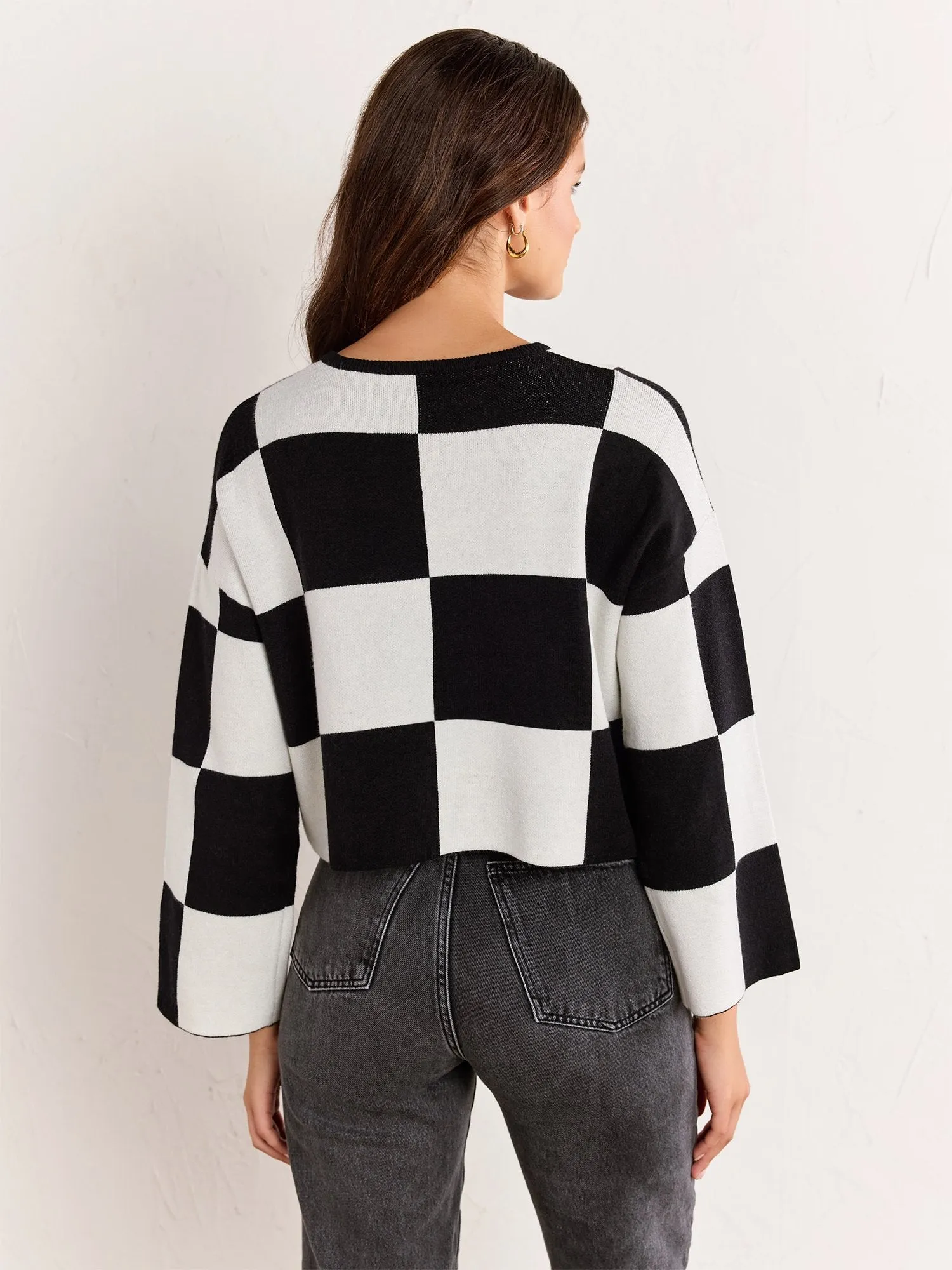 Long-Sleeve Cropped Checkerboard Pullover - Papermoon