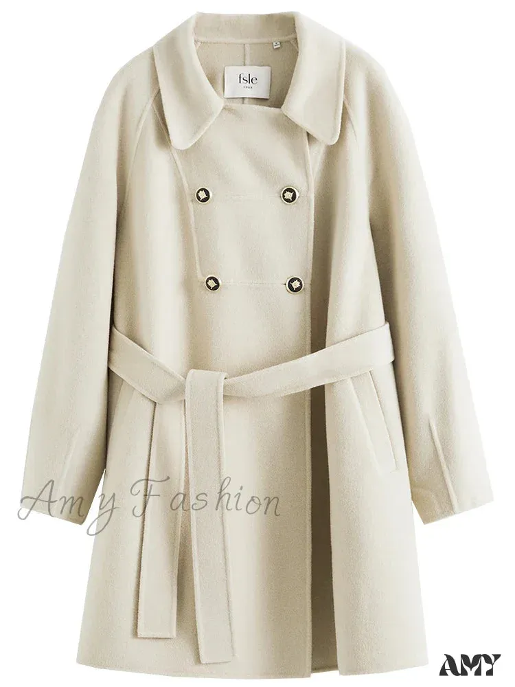 Mid-length Cute Beige Woolen Winter New Loose Waist Office Lady Coat