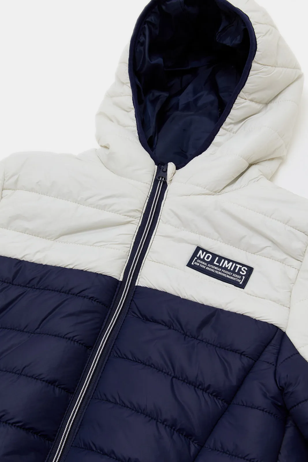 Senior Boys White And Navy Zip Thru Colorblock Puffer Jacket