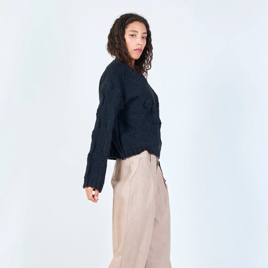 Textured cable knit sweater with floral detail wholesale