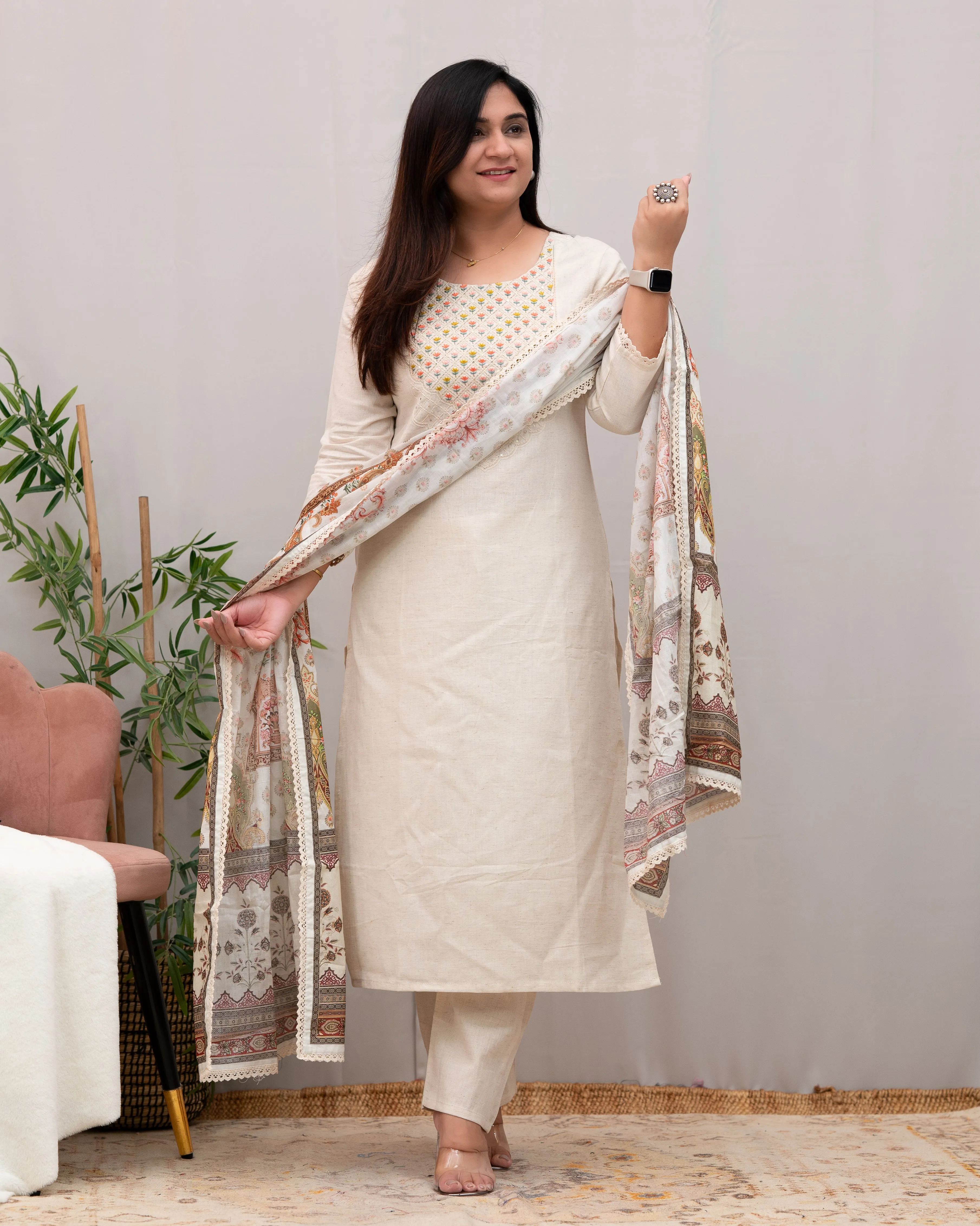 Veronica Cotton Embroidered Pant Set with Mugal Print Dupatta